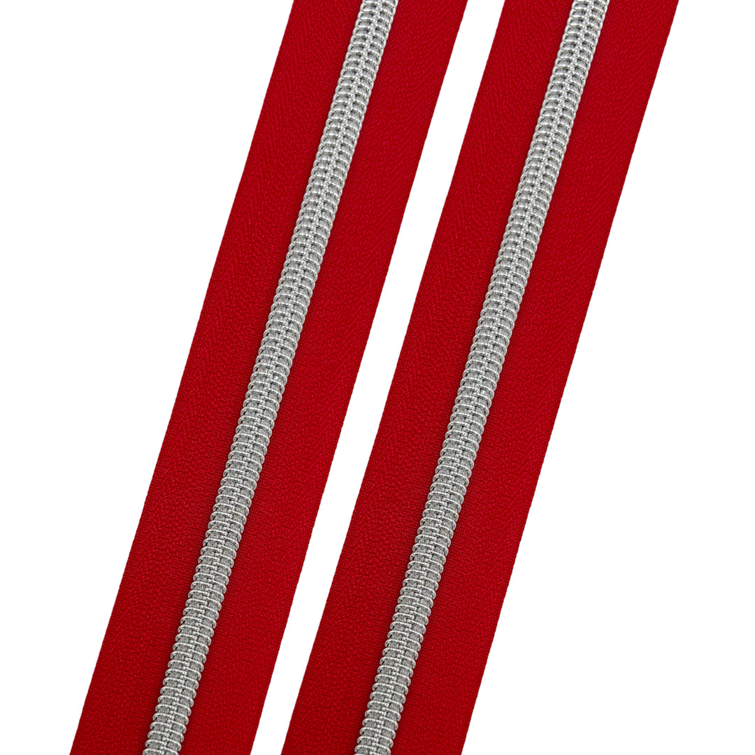 Marilyn Red - #5 Silver Nylon Coil Zipper Tape