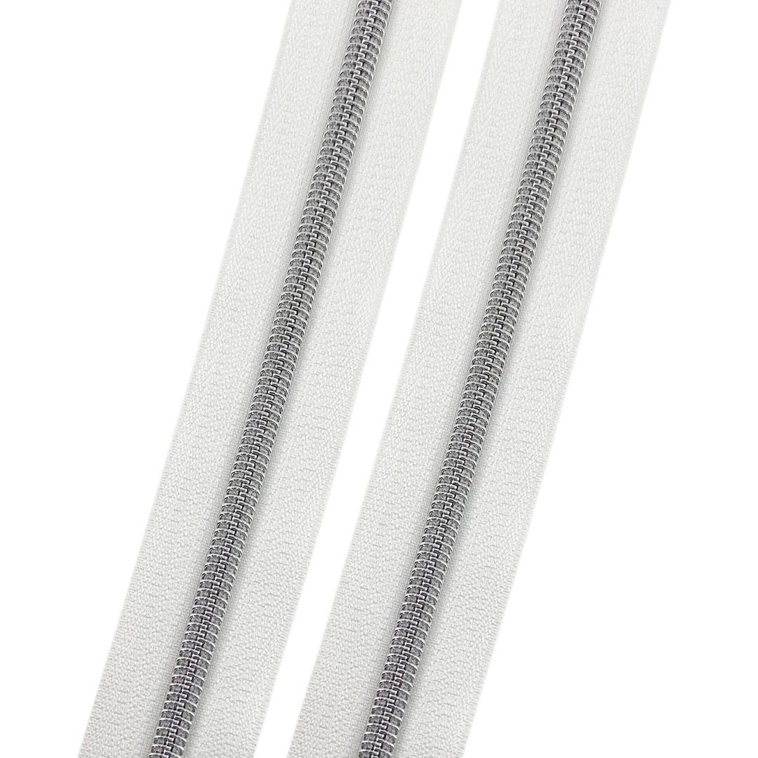 White - #5 Silver Nylon Coil Zipper Tape