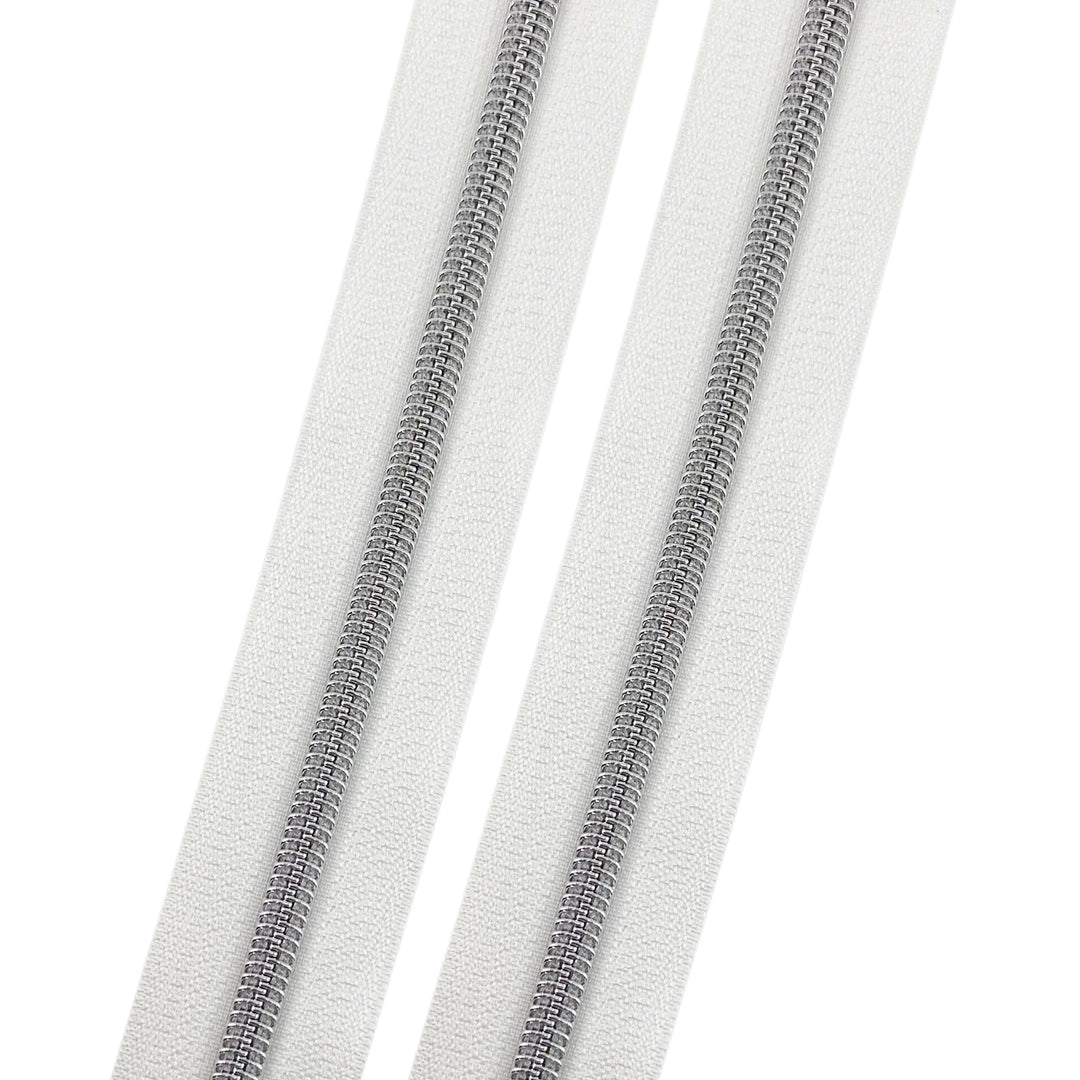 White - #5 Silver Nylon Coil Zipper Tape