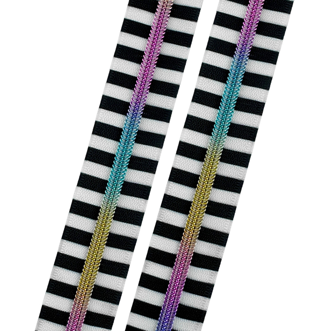 20 Yards Nylon Coil Zippers #5 Rainbow Zipper Tape Colorful Teeth Black and  White Zipper Tape with 20 Pulls Top Stops for DIY Sewing Craft Decorations