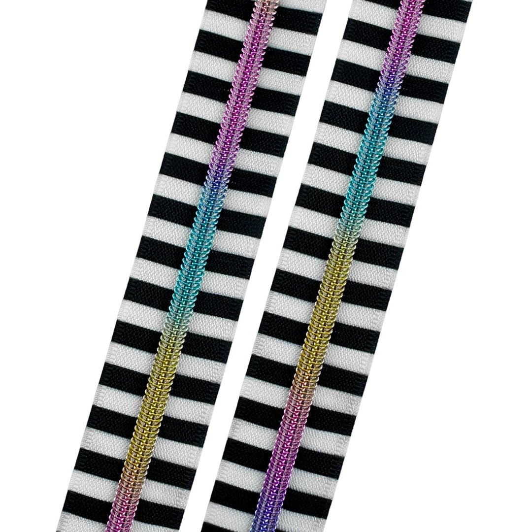 5 Zipper by the Yard - Black and White Stripe with Multicolor Coil