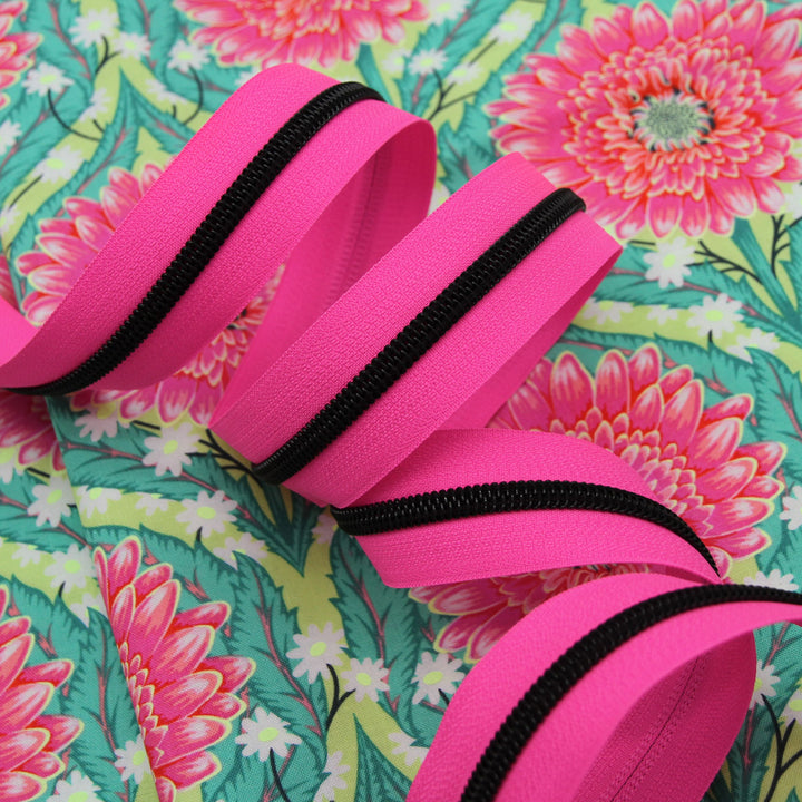Neon Pink Nostalgia - #5 Black Nylon Coil Zipper Tape