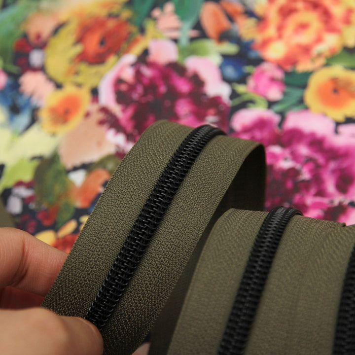 Olive  - #5 Black Nylon Coil Zipper Tape