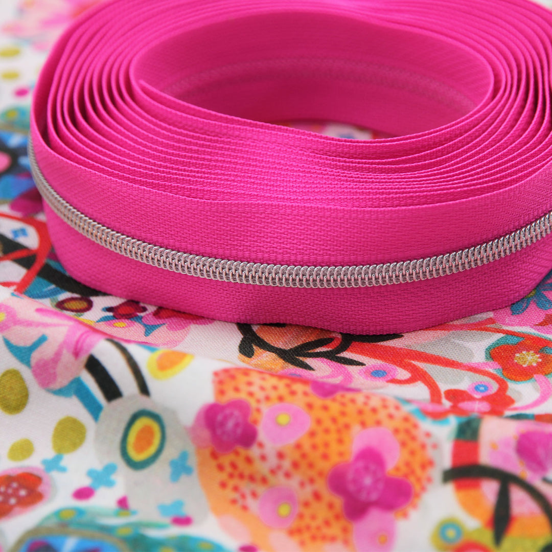 Neon Pink Nostalgia - #3 Silver Nylon Coil Zipper Tape