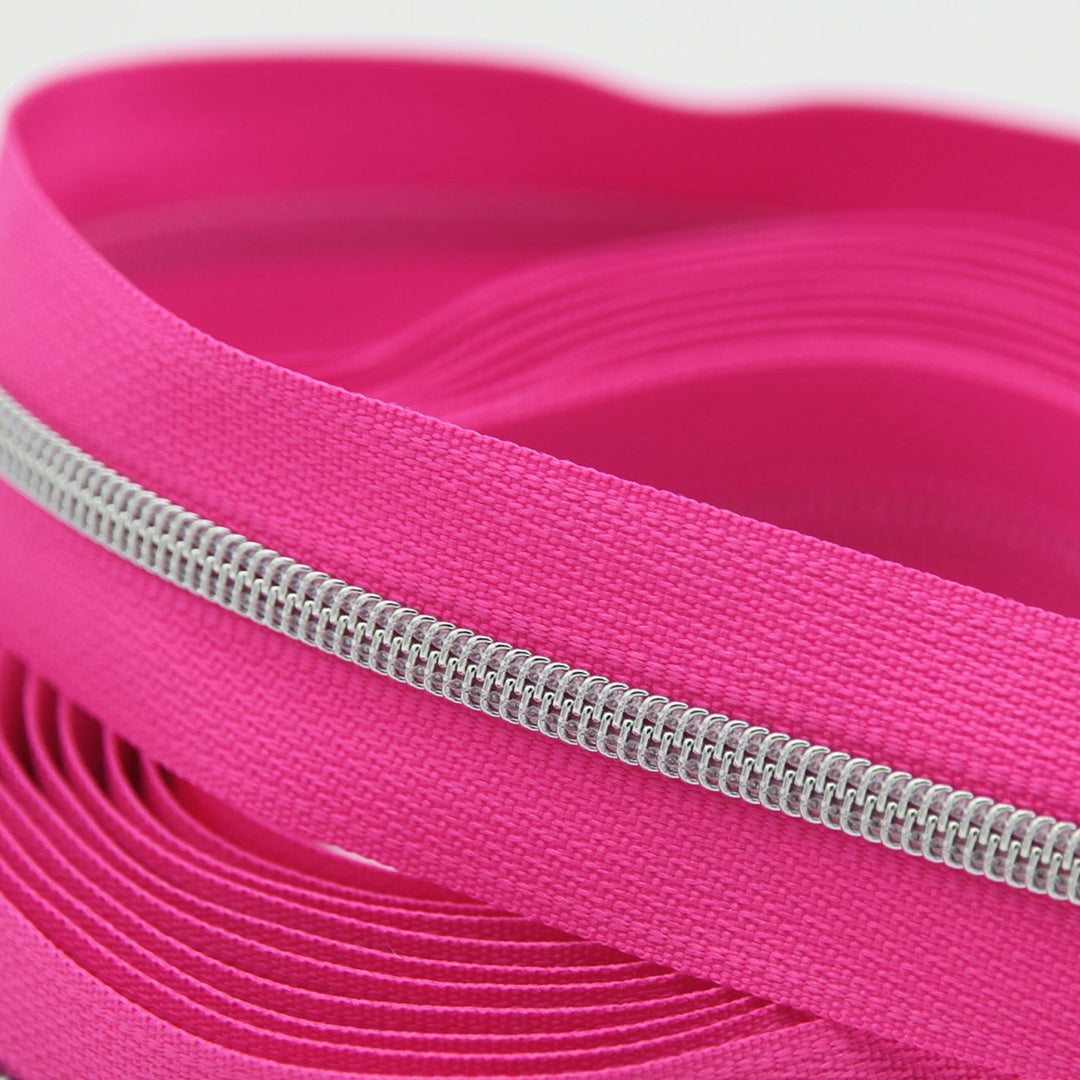 Neon Pink Nostalgia - #3 Silver Nylon Coil Zipper Tape