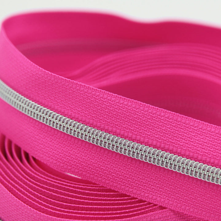 Neon Pink Nostalgia - #3 Silver Nylon Coil Zipper Tape