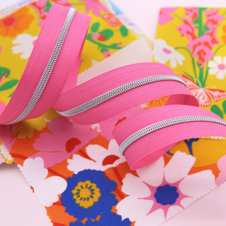 Pink Popstar - #3 Silver Nylon Coil Zipper Tape