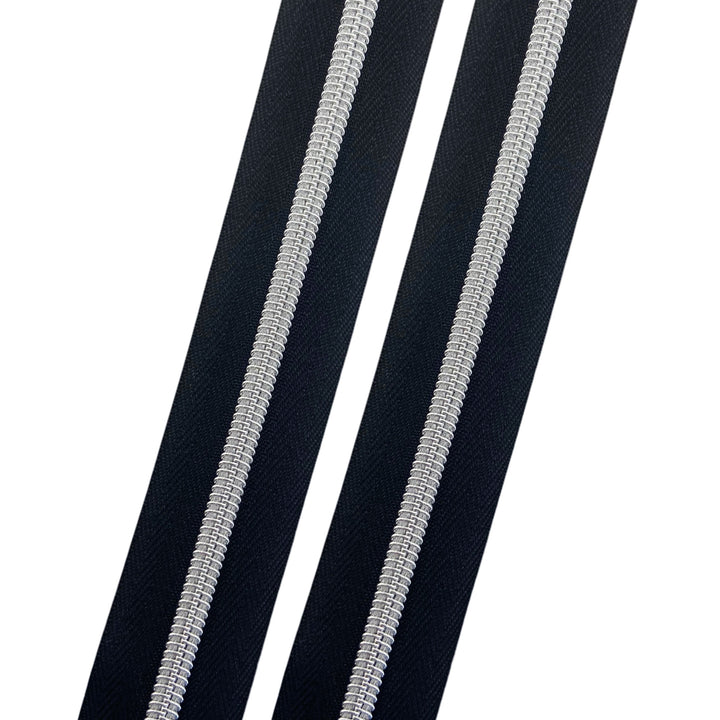 Black - #5 Silver Nylon Coil Zipper Tape