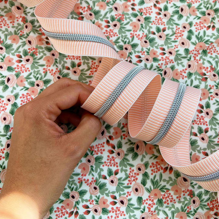 Peach Stripes - #5 Silver Nylon Coil Zipper Tape